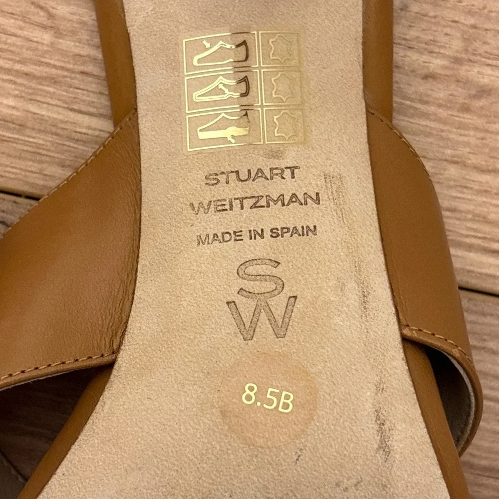 STUART WEITZMAN Dayna Sandal Heels Size 8.5 Macchiato Tan‎ Leather Square Toe - Picture 2 of 11